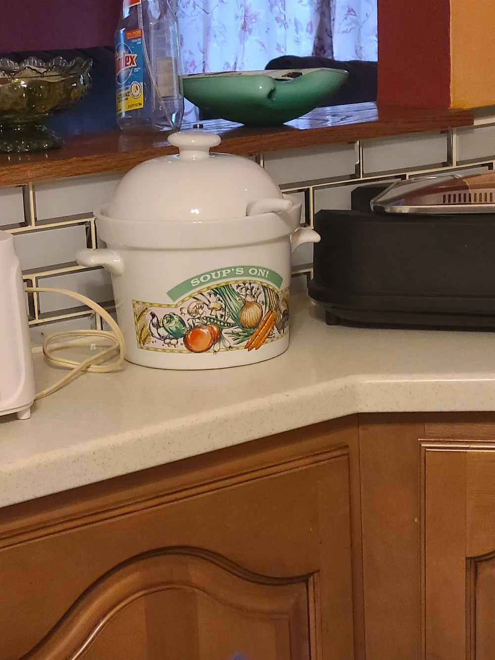 Vintage White Ceramic Soup Tureen with Colorful Vegetable Motif